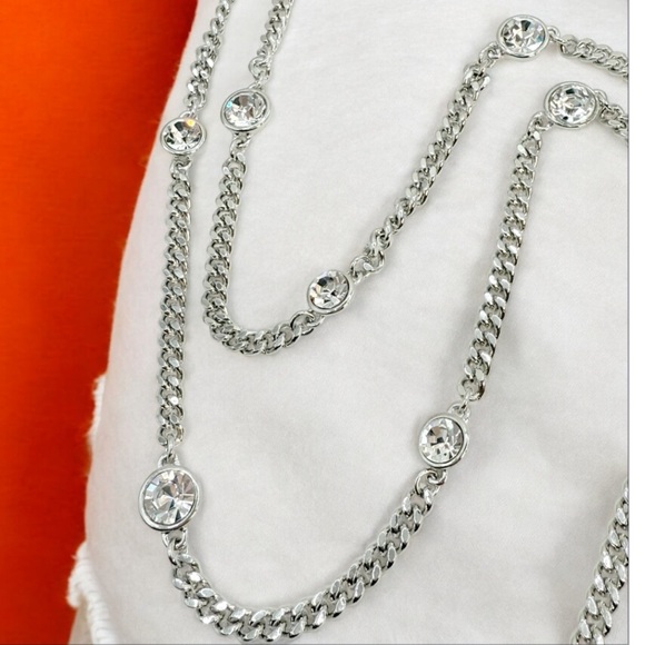 Givenchy Long Necklace Station Rhinestone Crystal Silver Chain. NWOT - Picture 5 of 7